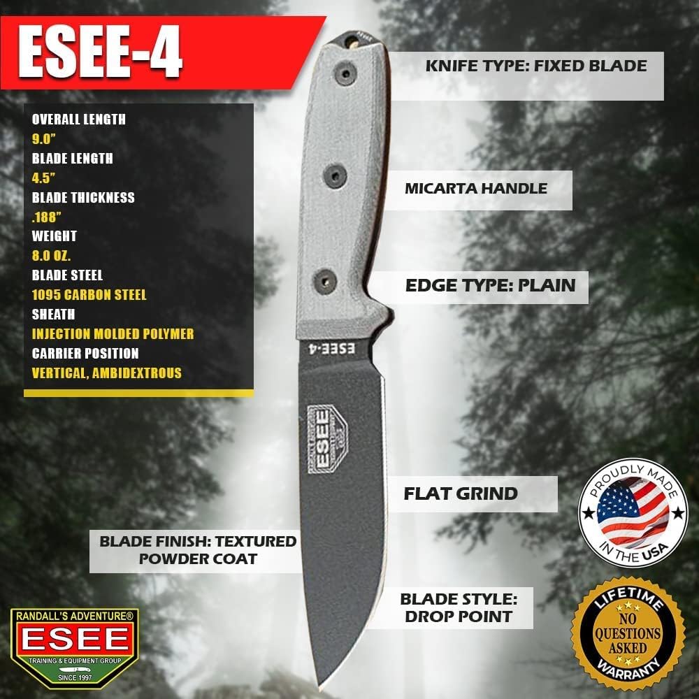 ESEE 4P Survival Knife - Field Tested Fixed Blade Knife with Molded Polymer Sheath & Clip Plate
